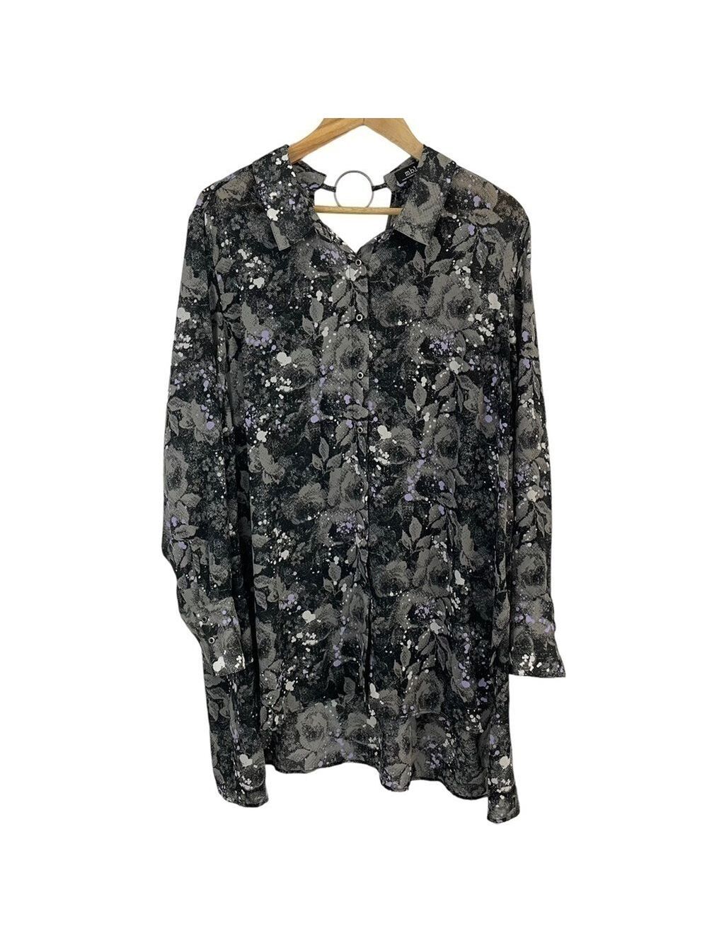 MBLM Longline Tunic Blouse Women’s 1X Grey Purple Button Up Shirt Floral Top EUC